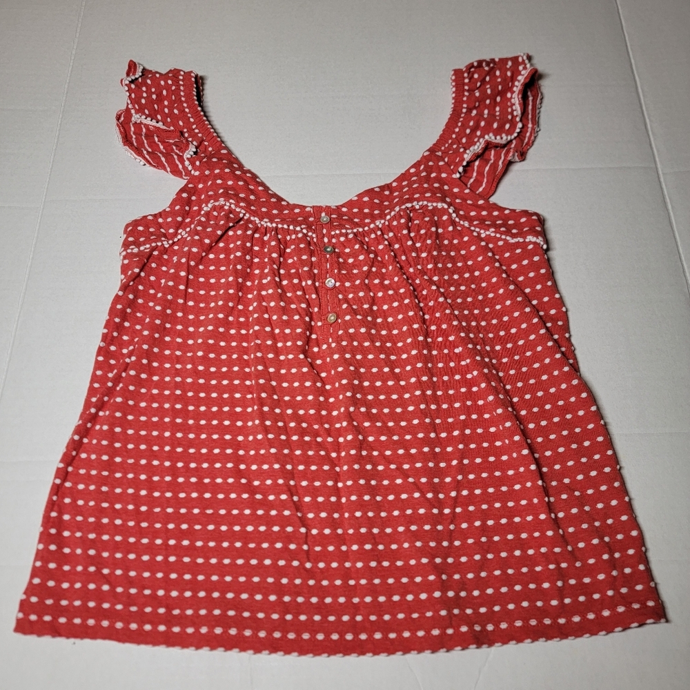 Lucky Brand SP Red And White Dot‎ Blouse Sleeveless Ruffle Tank Top Tomato